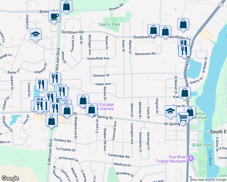 map of restaurants, bars, coffee shops, grocery stores, and more near 830 Kane Street in South Elgin