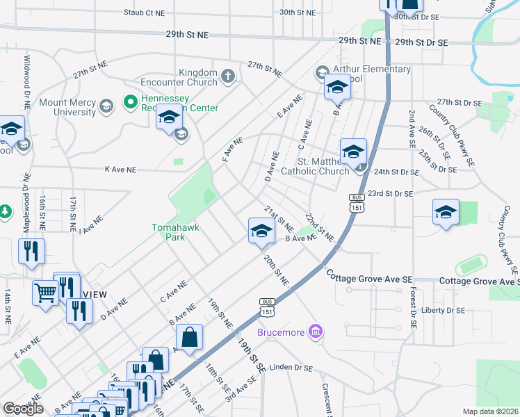 map of restaurants, bars, coffee shops, grocery stores, and more near 419 21st Street Northeast in Cedar Rapids