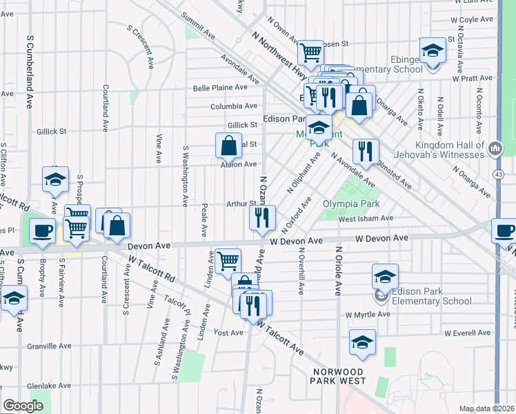 map of restaurants, bars, coffee shops, grocery stores, and more near 1020 North Ozanam Avenue in Park Ridge