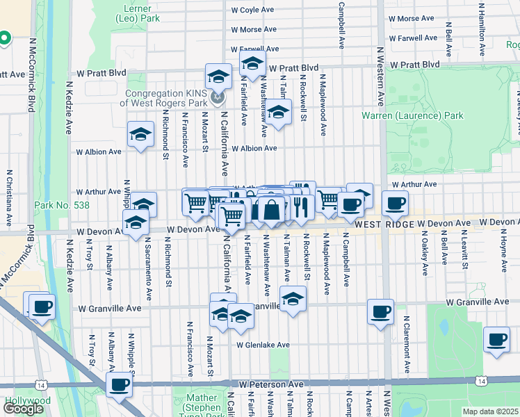 map of restaurants, bars, coffee shops, grocery stores, and more near 6428 North Washtenaw Avenue in Chicago