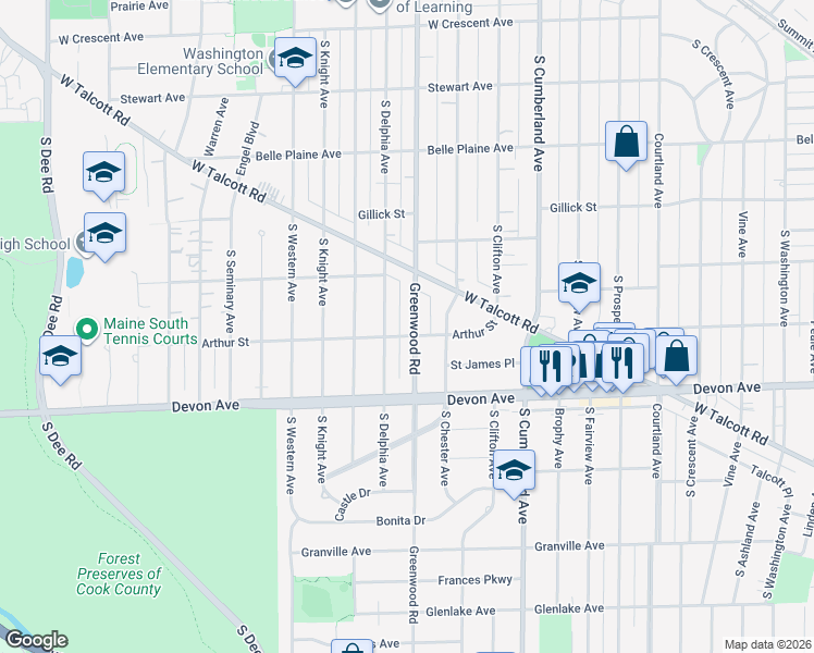 map of restaurants, bars, coffee shops, grocery stores, and more near 1013 South Delphia Avenue in Park Ridge