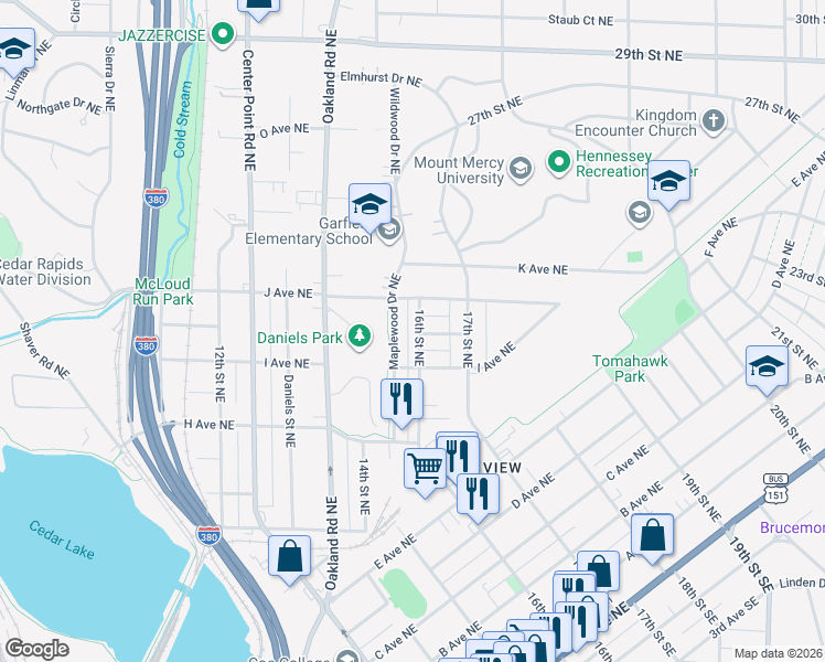 map of restaurants, bars, coffee shops, grocery stores, and more near 1606 Greene Avenue Northeast in Cedar Rapids