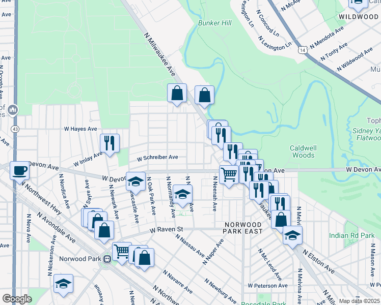 map of restaurants, bars, coffee shops, grocery stores, and more near 6439 North Natoma Avenue in Chicago
