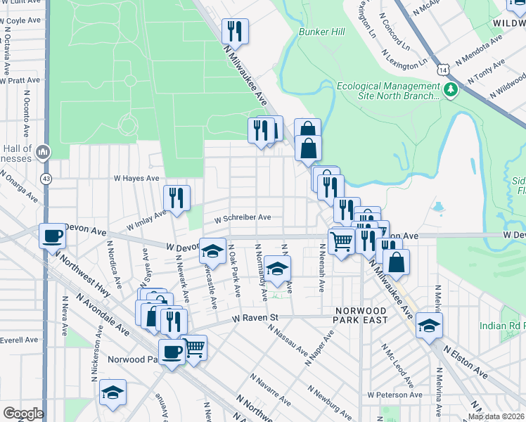 map of restaurants, bars, coffee shops, grocery stores, and more near 6628 W Schreiber Ave in Chicago