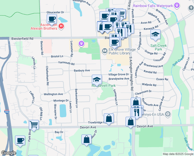 map of restaurants, bars, coffee shops, grocery stores, and more near 211 Brighton Road in Elk Grove Village