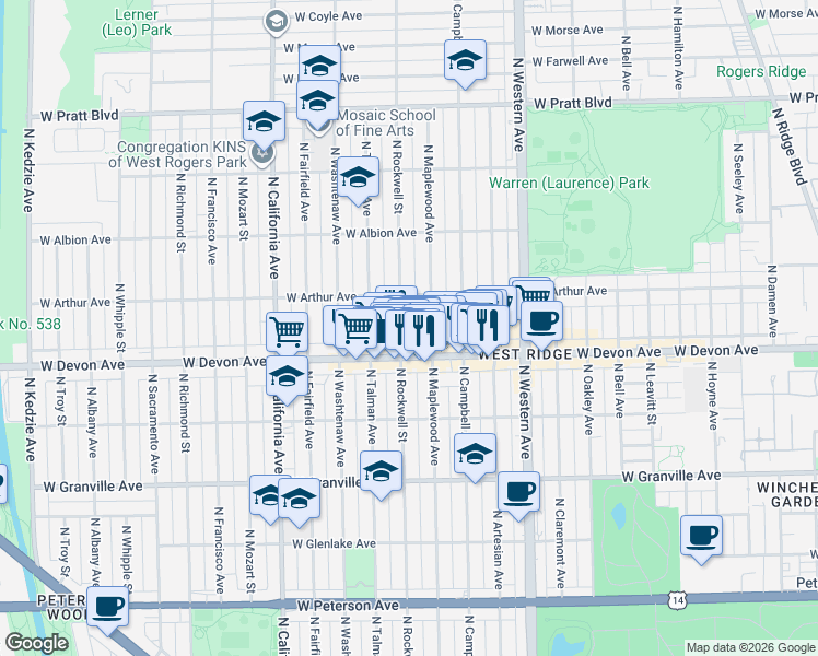 map of restaurants, bars, coffee shops, grocery stores, and more near 6427 North Rockwell Street in Chicago