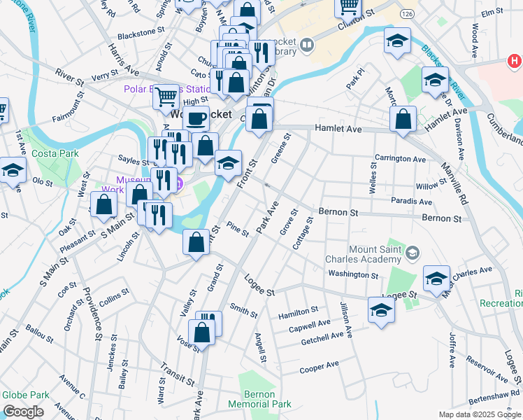 map of restaurants, bars, coffee shops, grocery stores, and more near 279 Greene Street in Woonsocket