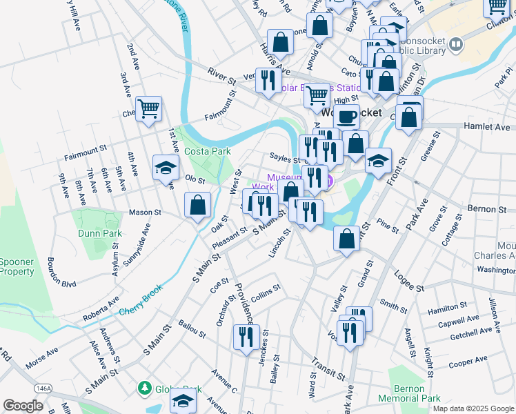 map of restaurants, bars, coffee shops, grocery stores, and more near 24 Olo Street in Woonsocket