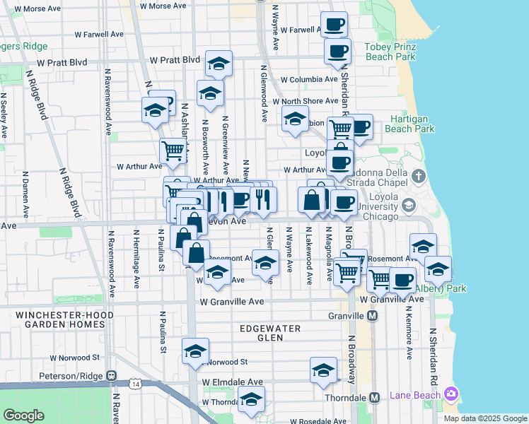 map of restaurants, bars, coffee shops, grocery stores, and more near 6410 North Glenwood Avenue in Chicago