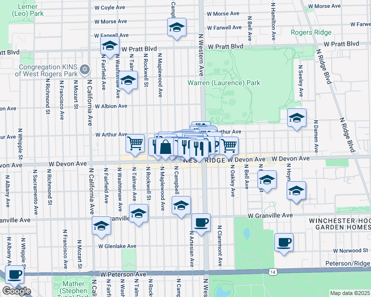 map of restaurants, bars, coffee shops, grocery stores, and more near 6424 North Artesian Avenue in Chicago