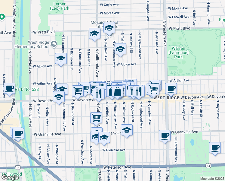 map of restaurants, bars, coffee shops, grocery stores, and more near 6428 North Washtenaw Avenue in Chicago