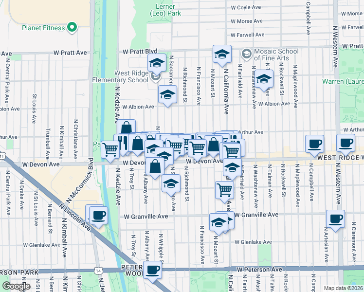 map of restaurants, bars, coffee shops, grocery stores, and more near 6434 North Richmond Street in Chicago