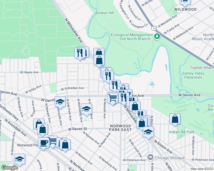map of restaurants, bars, coffee shops, grocery stores, and more near 6450 North Milwaukee Avenue in Chicago