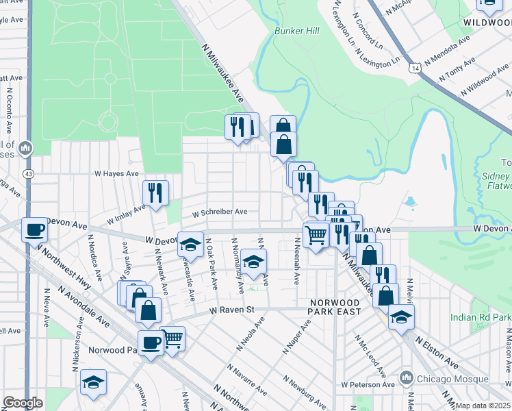 map of restaurants, bars, coffee shops, grocery stores, and more near 6439 North Natoma Avenue in Chicago