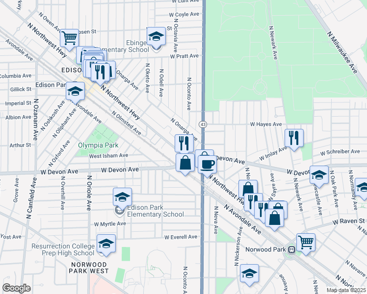 map of restaurants, bars, coffee shops, grocery stores, and more near 6463 North Northwest Highway in Chicago