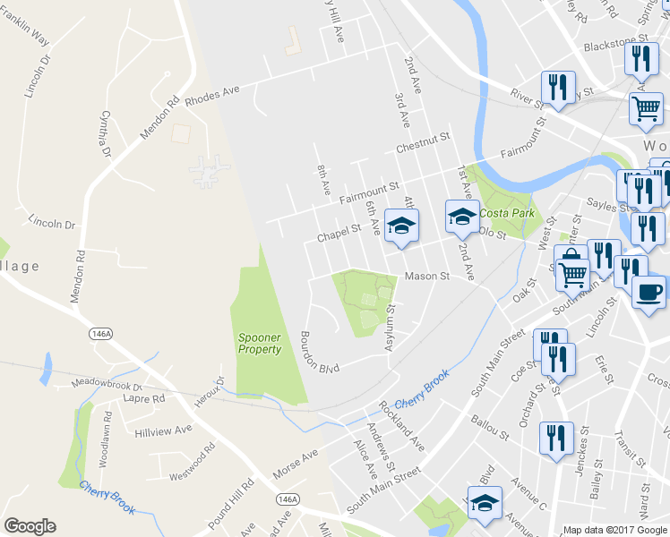 map of restaurants, bars, coffee shops, grocery stores, and more near 289 9th Avenue in Woonsocket