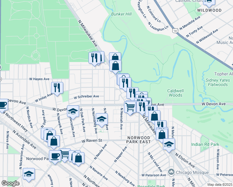 map of restaurants, bars, coffee shops, grocery stores, and more near 6439 North Nashville Avenue in Chicago