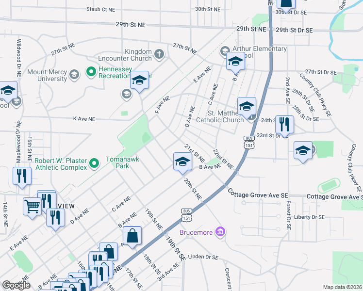 map of restaurants, bars, coffee shops, grocery stores, and more near 419 21st Street Northeast in Cedar Rapids