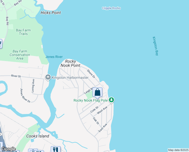 map of restaurants, bars, coffee shops, grocery stores, and more near 40 Shore Drive in Kingston