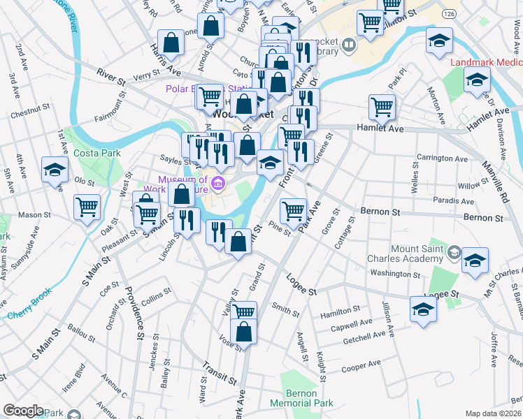 map of restaurants, bars, coffee shops, grocery stores, and more near 349 Front Street in Woonsocket