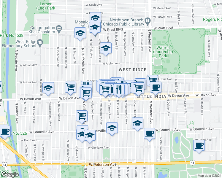 map of restaurants, bars, coffee shops, grocery stores, and more near 6429 North Talman Avenue in Chicago