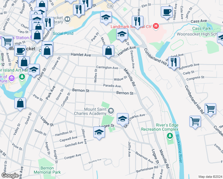 map of restaurants, bars, coffee shops, grocery stores, and more near 165 Roberts St in Woonsocket
