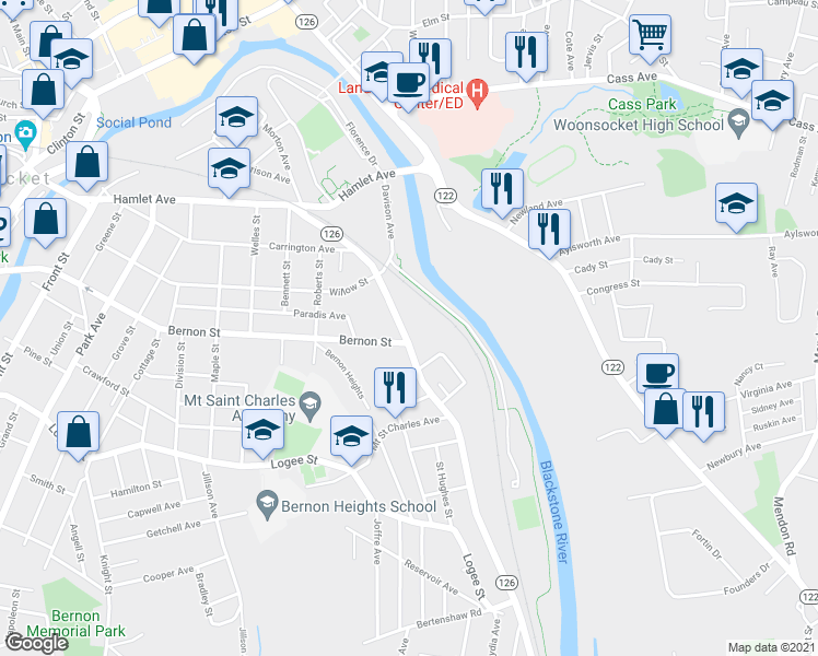 map of restaurants, bars, coffee shops, grocery stores, and more near 354 Manville Road in Woonsocket