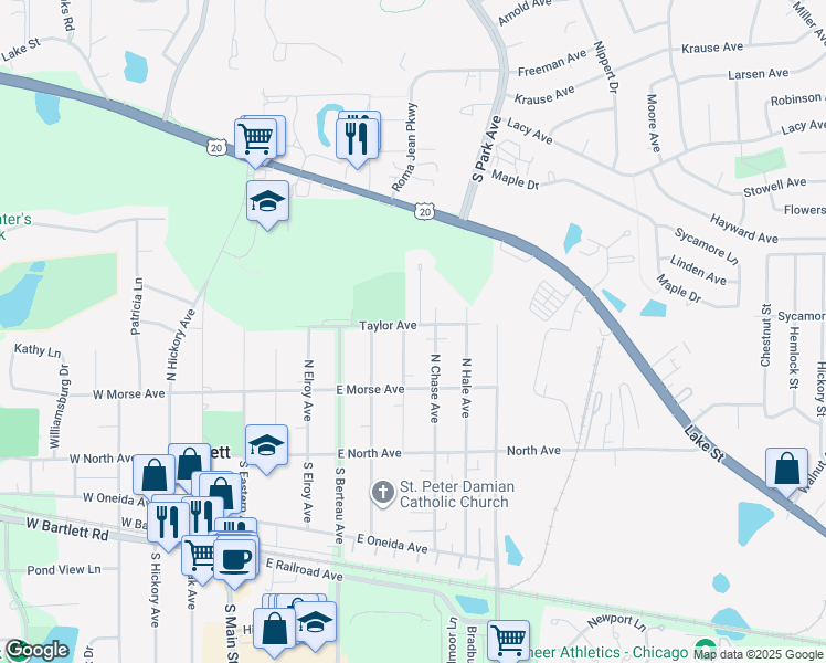 map of restaurants, bars, coffee shops, grocery stores, and more near 333 Taylor Avenue in Bartlett