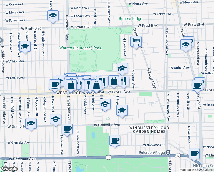 map of restaurants, bars, coffee shops, grocery stores, and more near 6422 North Hamilton Avenue in Chicago