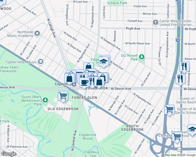 map of restaurants, bars, coffee shops, grocery stores, and more near 6413 North Tahoma Avenue in Chicago