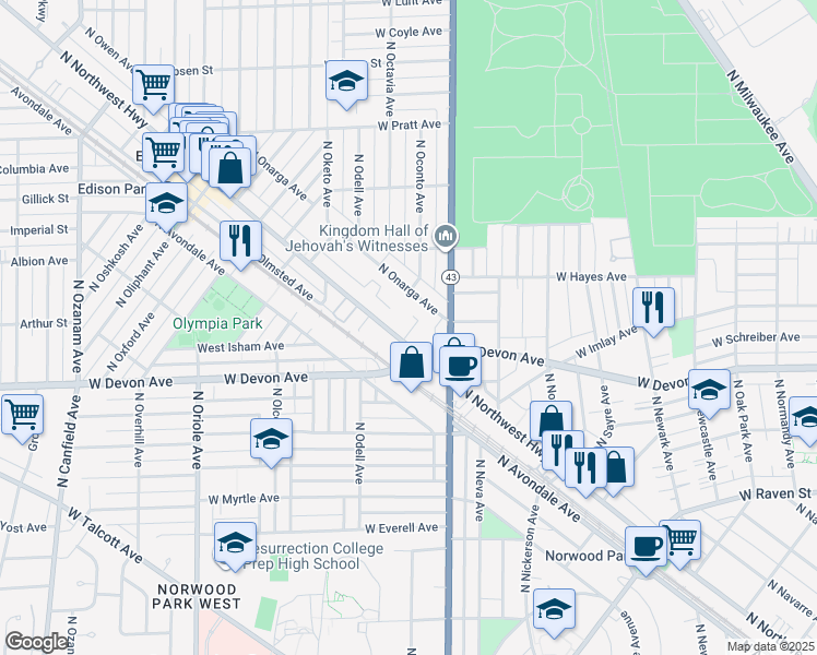 map of restaurants, bars, coffee shops, grocery stores, and more near 6463 North Northwest Highway in Chicago