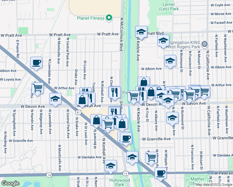 map of restaurants, bars, coffee shops, grocery stores, and more near 6438 Spaulding Avenue in Lincolnwood