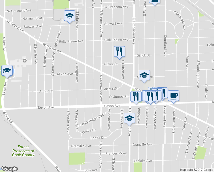 map of restaurants, bars, coffee shops, grocery stores, and more near 1010 South Chester Avenue in Park Ridge