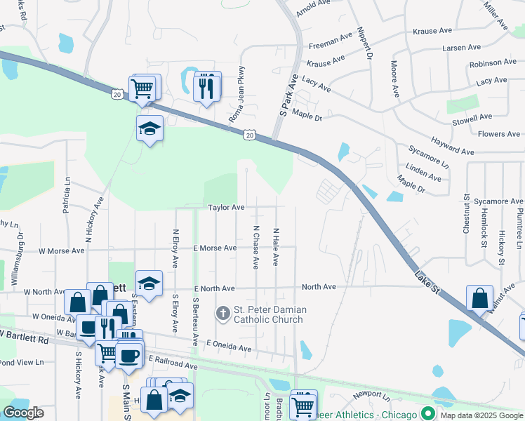 map of restaurants, bars, coffee shops, grocery stores, and more near 405 Taylor Avenue in Bartlett