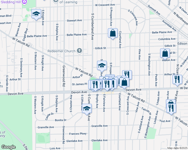 map of restaurants, bars, coffee shops, grocery stores, and more near 820 West Talcott Road in Park Ridge