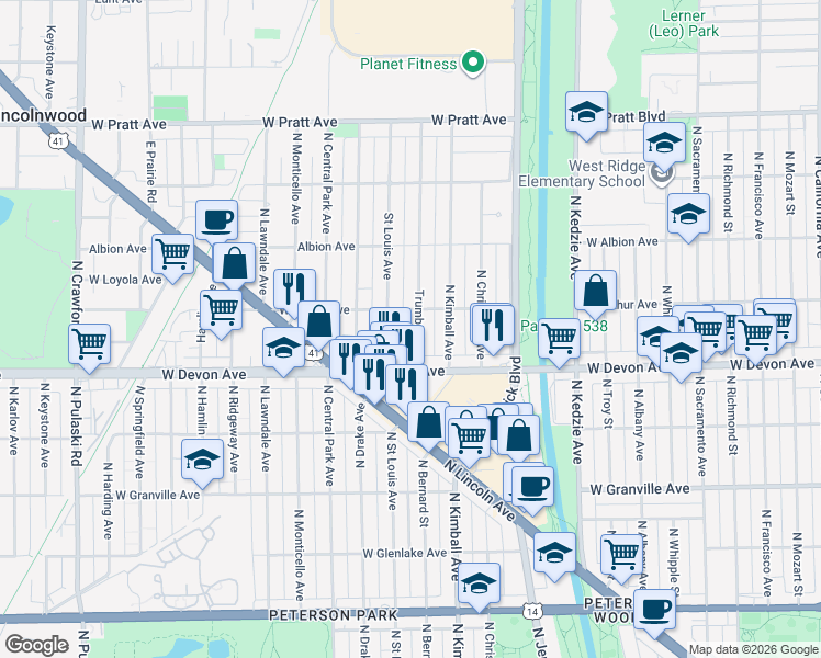 map of restaurants, bars, coffee shops, grocery stores, and more near 6438 Trumbull Avenue in Lincolnwood