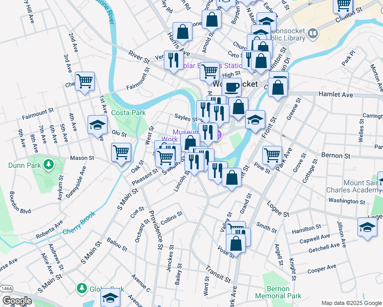 map of restaurants, bars, coffee shops, grocery stores, and more near 168 South Main Street in Woonsocket
