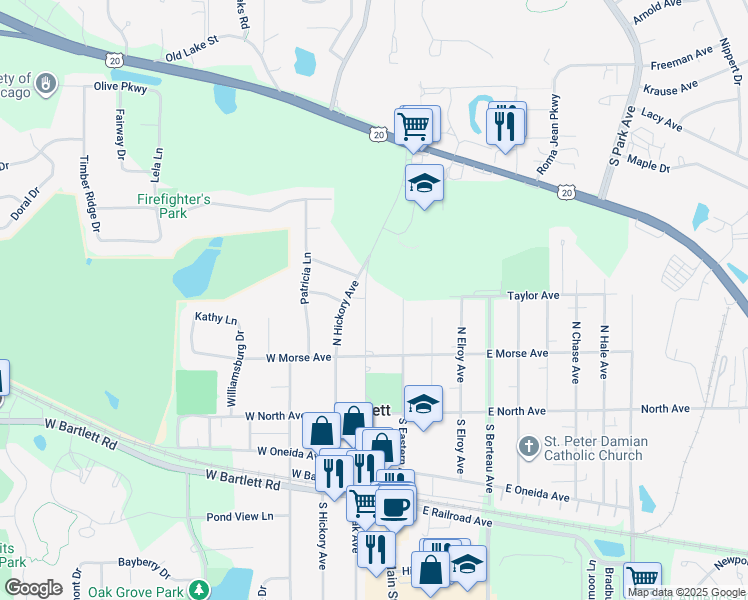 map of restaurants, bars, coffee shops, grocery stores, and more near 251 North Oak Avenue in Bartlett