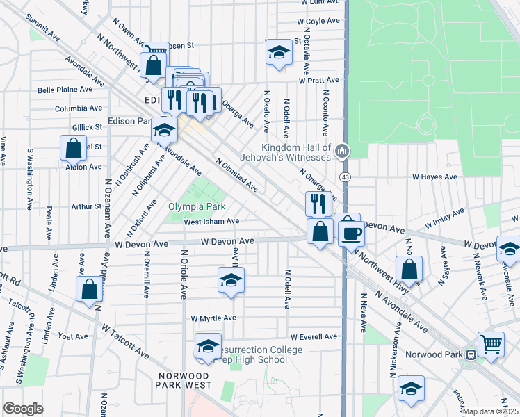 map of restaurants, bars, coffee shops, grocery stores, and more near 6455 North Avondale Avenue in Chicago