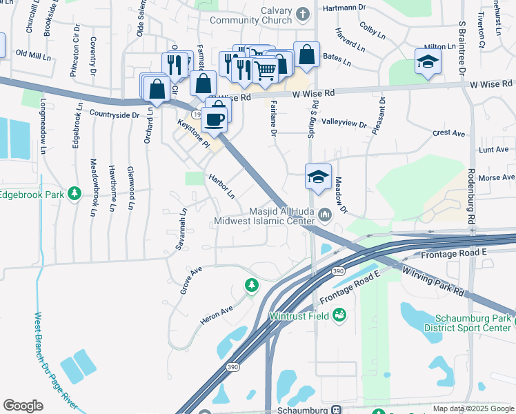 map of restaurants, bars, coffee shops, grocery stores, and more near 1460 Fairlane Drive in Schaumburg