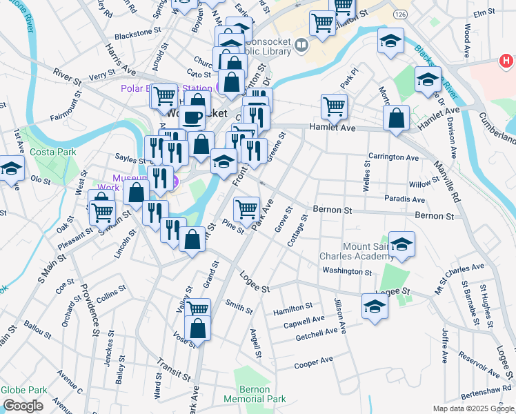 map of restaurants, bars, coffee shops, grocery stores, and more near 279 Greene Street in Woonsocket