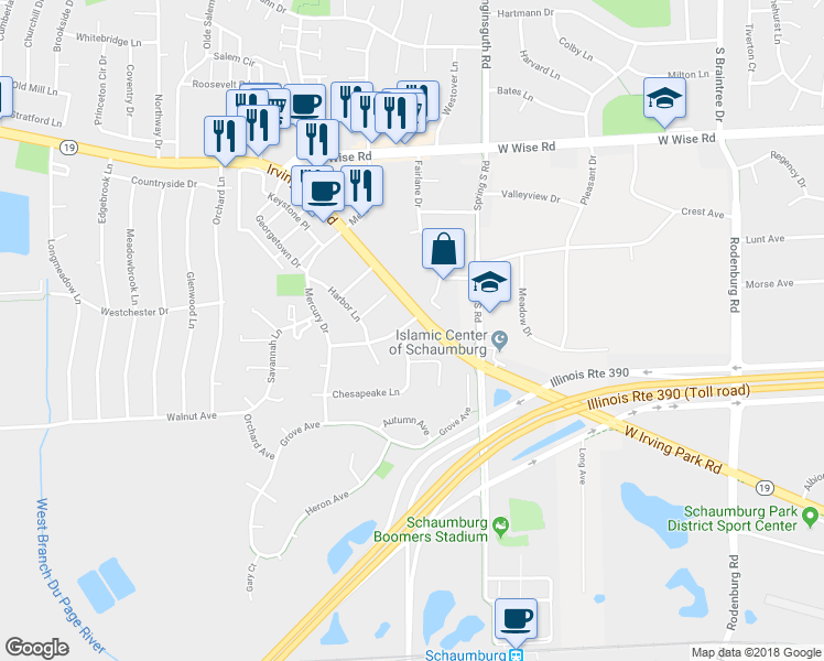 map of restaurants, bars, coffee shops, grocery stores, and more near 1455 Fairlane Drive in Schaumburg