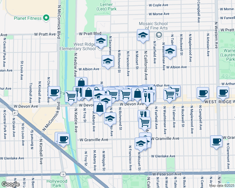 map of restaurants, bars, coffee shops, grocery stores, and more near 6434 North Richmond Street in Chicago