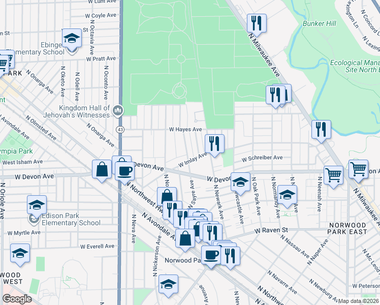 map of restaurants, bars, coffee shops, grocery stores, and more near 6417 North Sayre Avenue in Chicago