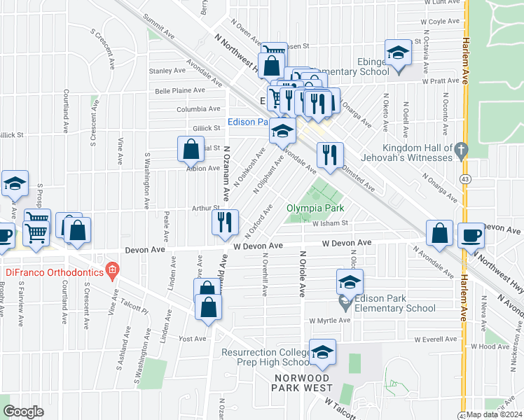 map of restaurants, bars, coffee shops, grocery stores, and more near 6470 North Oxford Avenue in Chicago