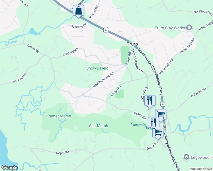 map of restaurants, bars, coffee shops, grocery stores, and more near 23 Town Hall Road in Truro