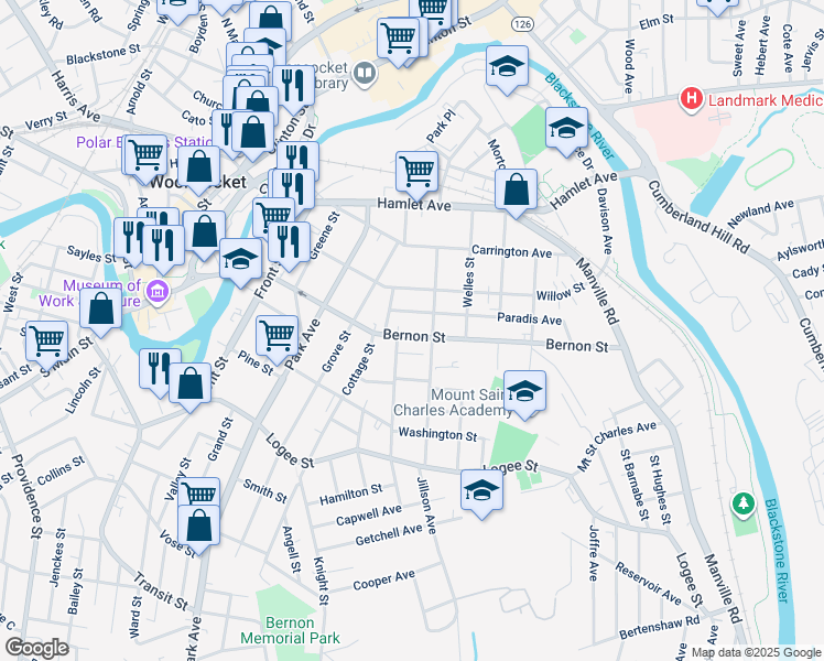 map of restaurants, bars, coffee shops, grocery stores, and more near 576 Bernon Street in Woonsocket