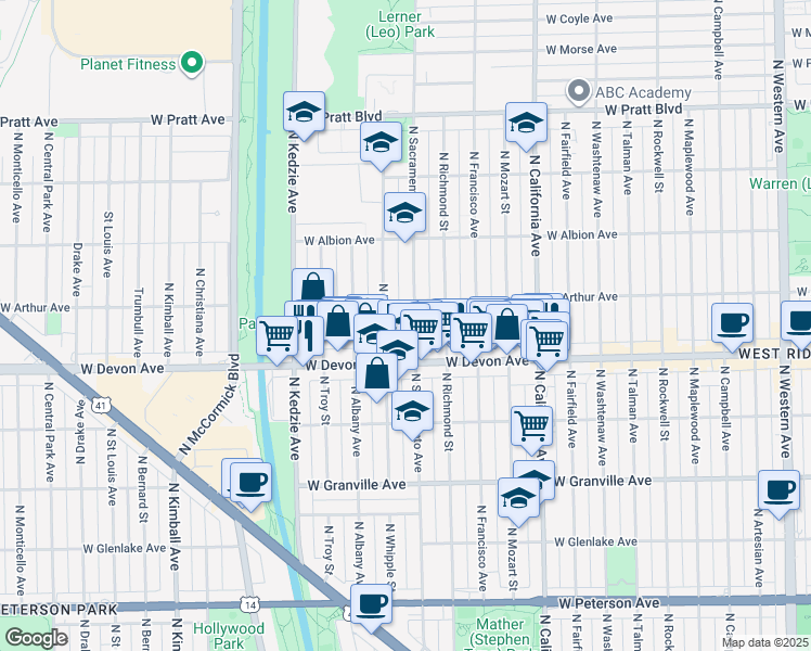 map of restaurants, bars, coffee shops, grocery stores, and more near 6430 North Sacramento Avenue in Chicago