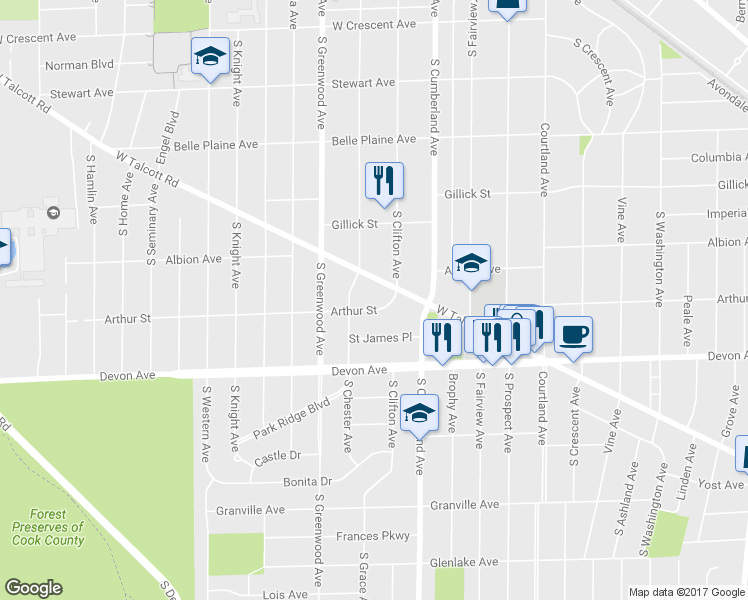 map of restaurants, bars, coffee shops, grocery stores, and more near 1012 Arthur Street in Park Ridge