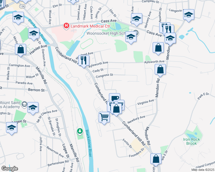 map of restaurants, bars, coffee shops, grocery stores, and more near 560 Cumberland Hill Road in Woonsocket